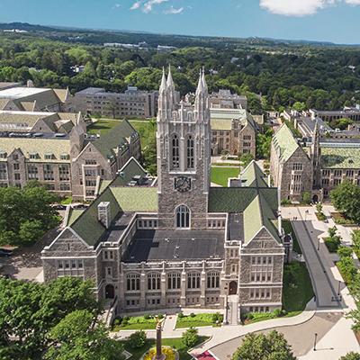 Aerial Drone photography of Gasson Hall and main campus.